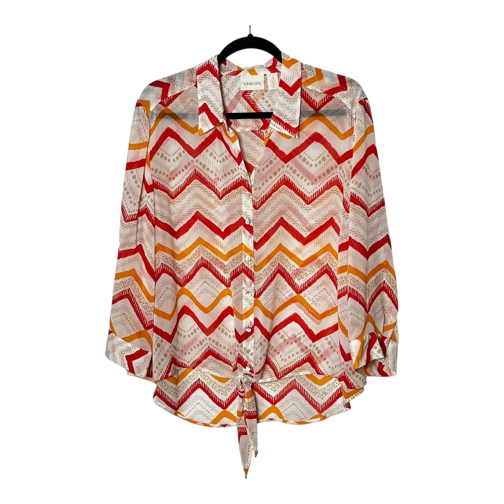 Chicos Red Orange Chevron Tie Front‎ Button Down Blouse Size 3 XL 570137920
